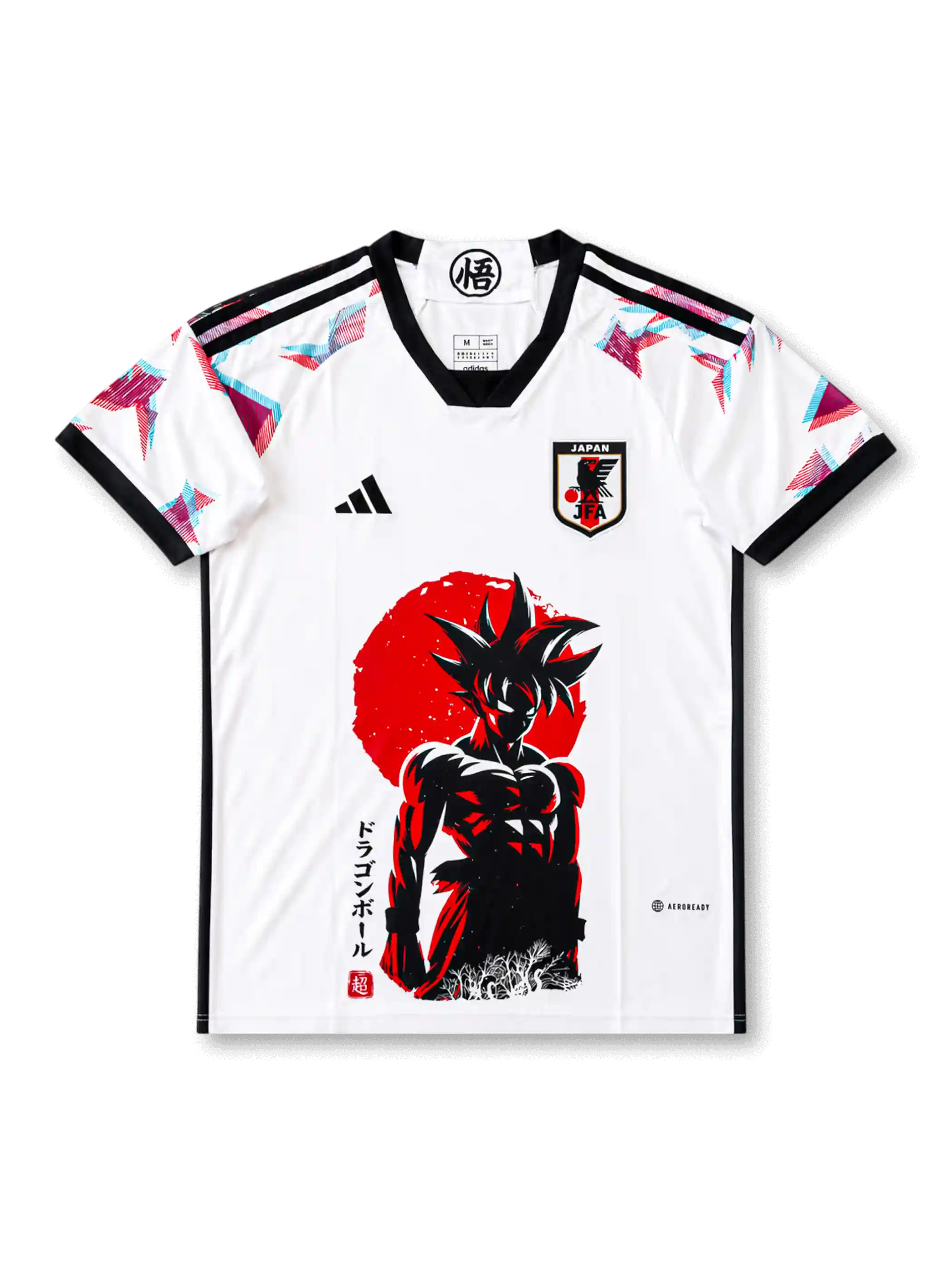 Front view of Japan Dragon Ball special edition shirt with white body, JFA crest, black trim, shoulder graphics, red sun artwork, and anime character print.