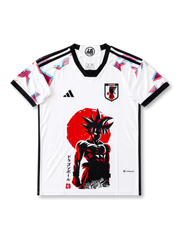 Front view of Japan Dragon Ball special edition shirt with white body, JFA crest, black trim, shoulder graphics, red sun artwork, and anime character print.