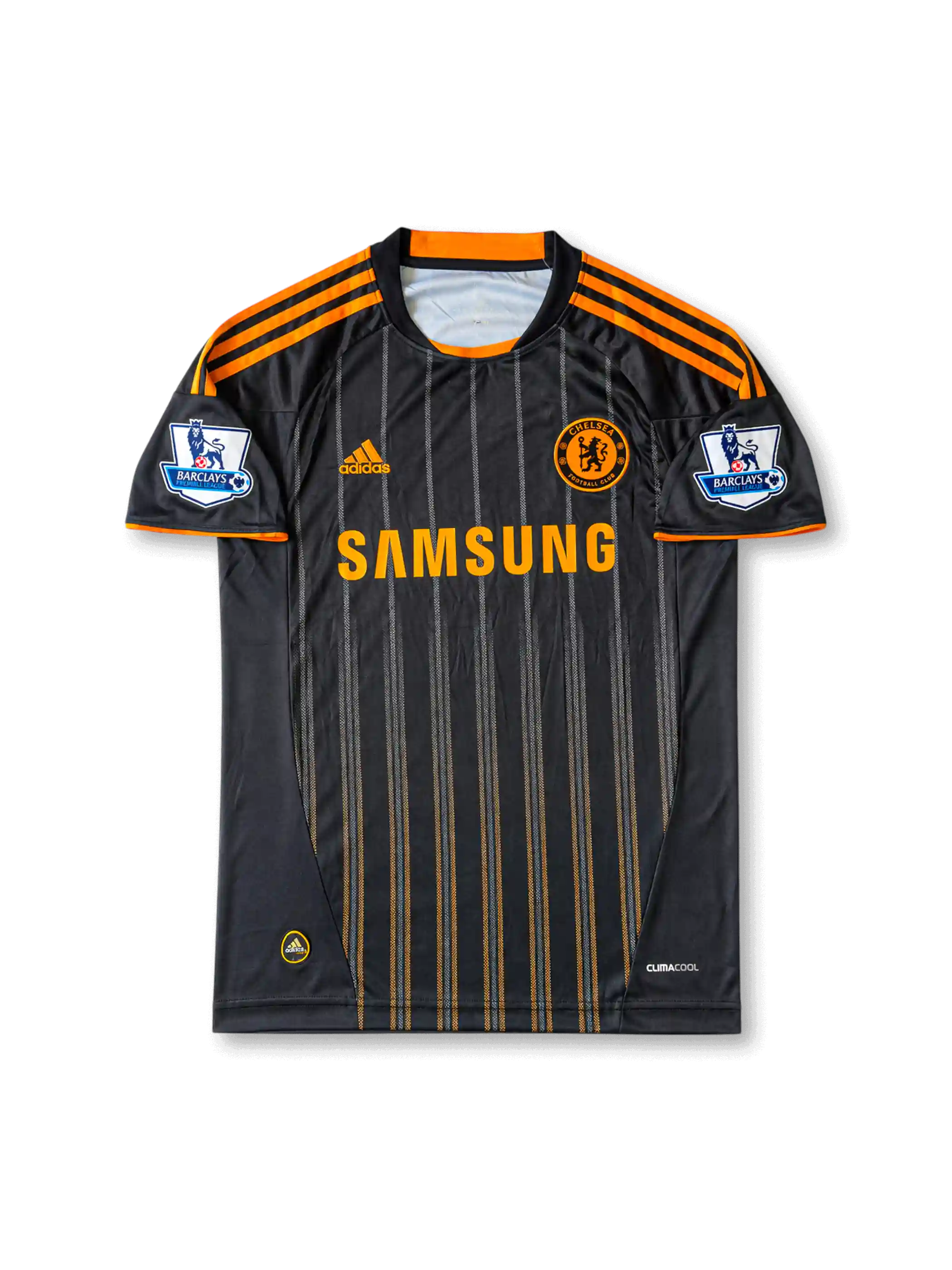 Back view of Chelsea 2010-11 away shirt with Drogba name set, #11 white print, black pinstripe body, orange sleeve trim, and Premier League sleeve patches.