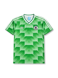Front view of Germany 1990 World Cup away shirt with green geometric pattern, Germany crest, white V-neck collar, and white shoulder stripes.