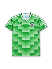 Front view of Germany 1990 World Cup away shirt with green geometric pattern, Germany crest, white V-neck collar, and white shoulder stripes.