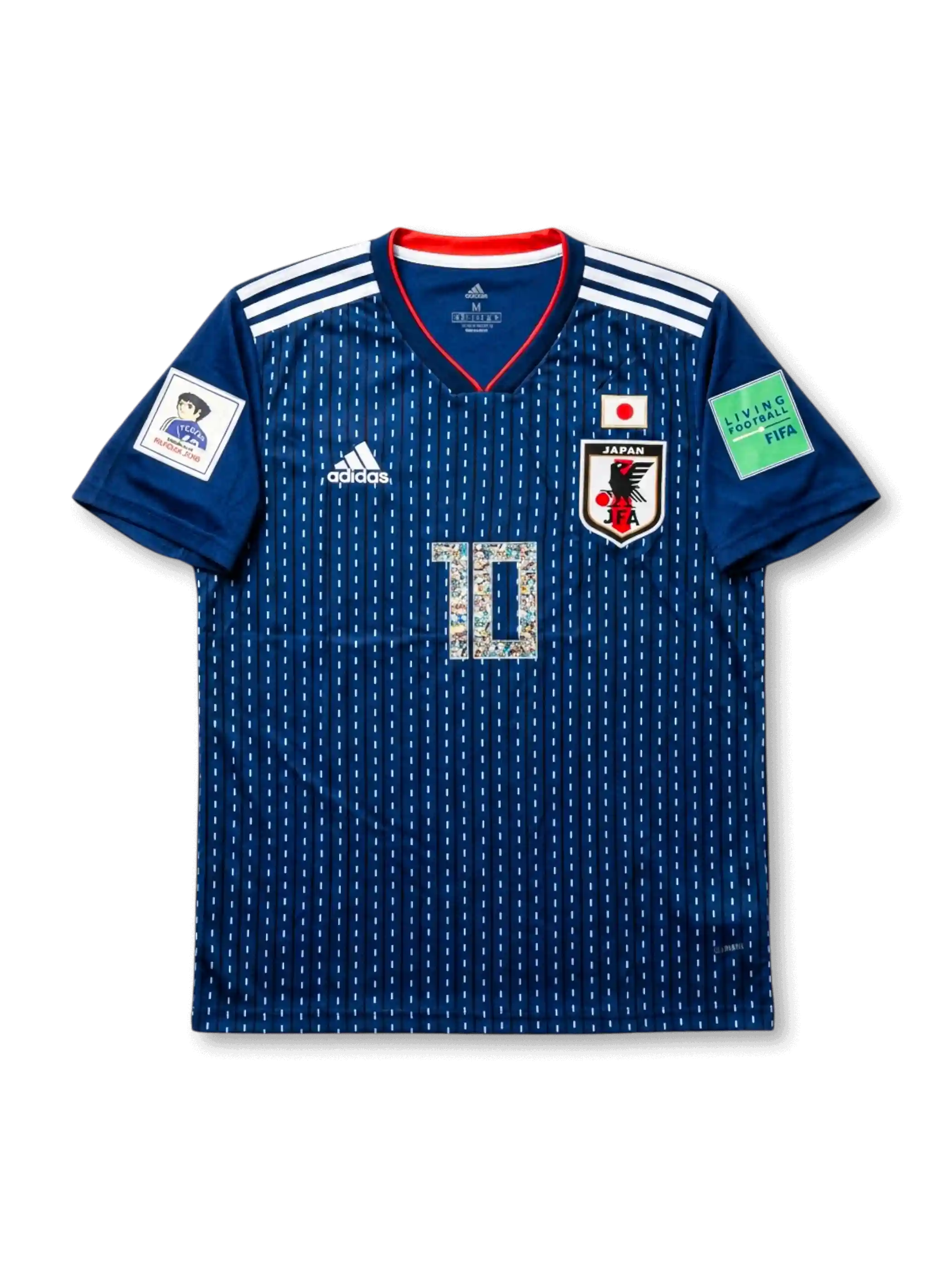 Front view of Japan 2018 Captain Tsubasa home shirt with blue pinstripe body, Japan crest, #10 illustrated number, white shoulder stripes, and FIFA sleeve patches.