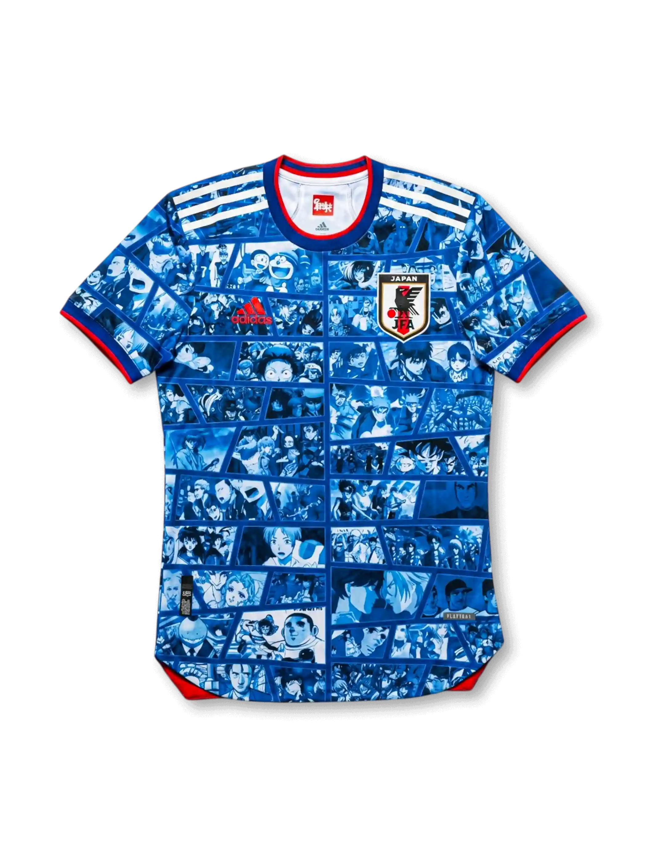 Front view of Japan anime collaboration #10 jersey in blue with manga panel graphics, Japan crest, red trim, and illustrated number detail.