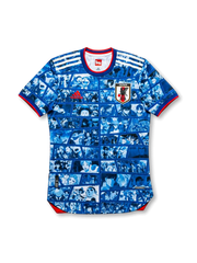 Front view of Japan anime collaboration #10 jersey in blue with manga panel graphics, Japan crest, red trim, and illustrated number detail.