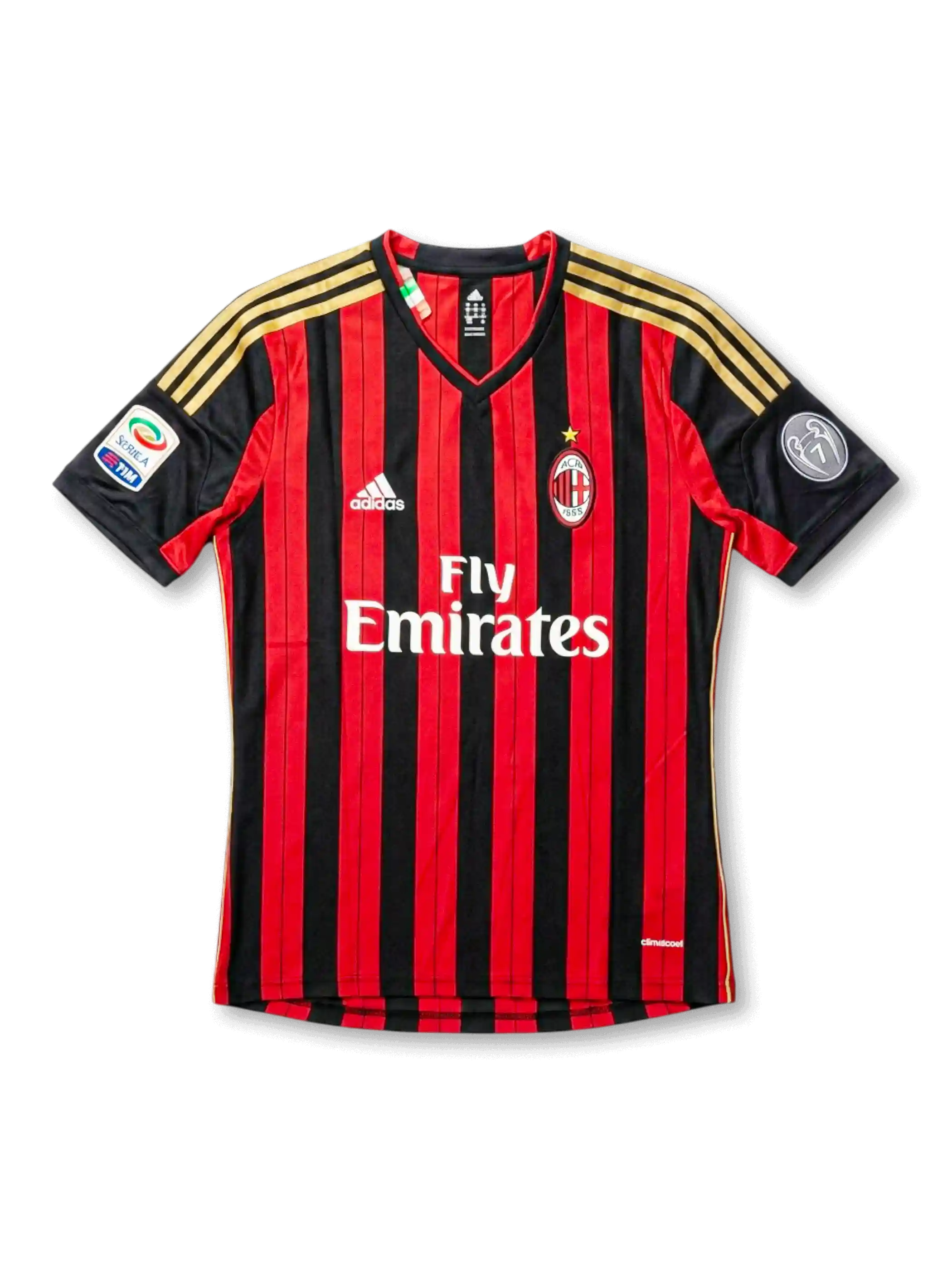 Front view of AC Milan 2013-14 home jersey with red and black stripes, gold shoulder details, club crest, sponsor, and sleeve patches.