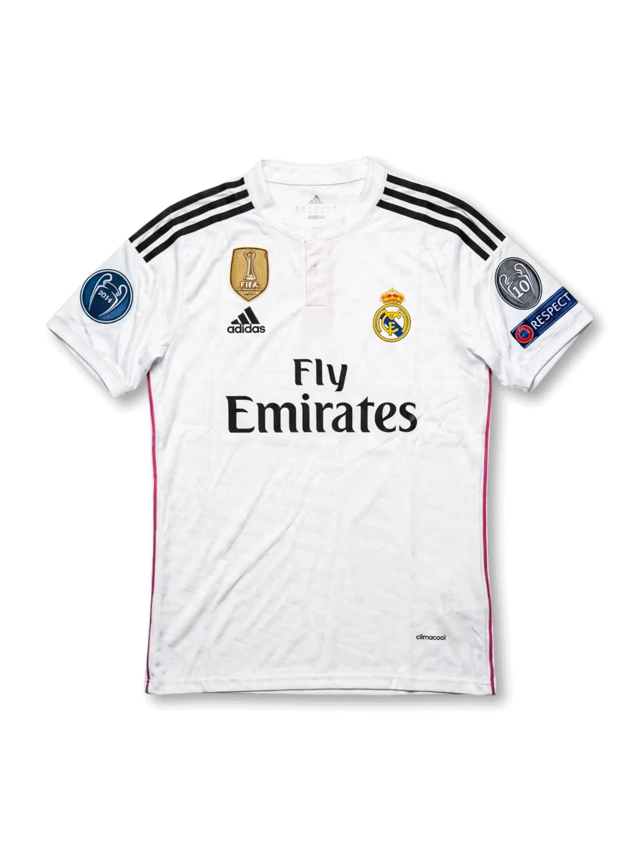 Front view of Real Madrid 2014-15 home shirt with white base, club crest, Fly Emirates sponsor, FIFA World Champions badge, and Champions League sleeve patches.