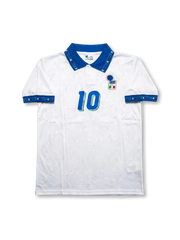 Front view of Italy 1994 World Cup away shirt with white base, blue collar, Italy crest, central #10 print, and geometric trim details.
