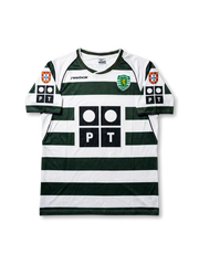 Front view of Sporting CP 2002-03 home shirt with green and white hoops, club crest, PT sponsor logo, and Portuguese league sleeve patches.