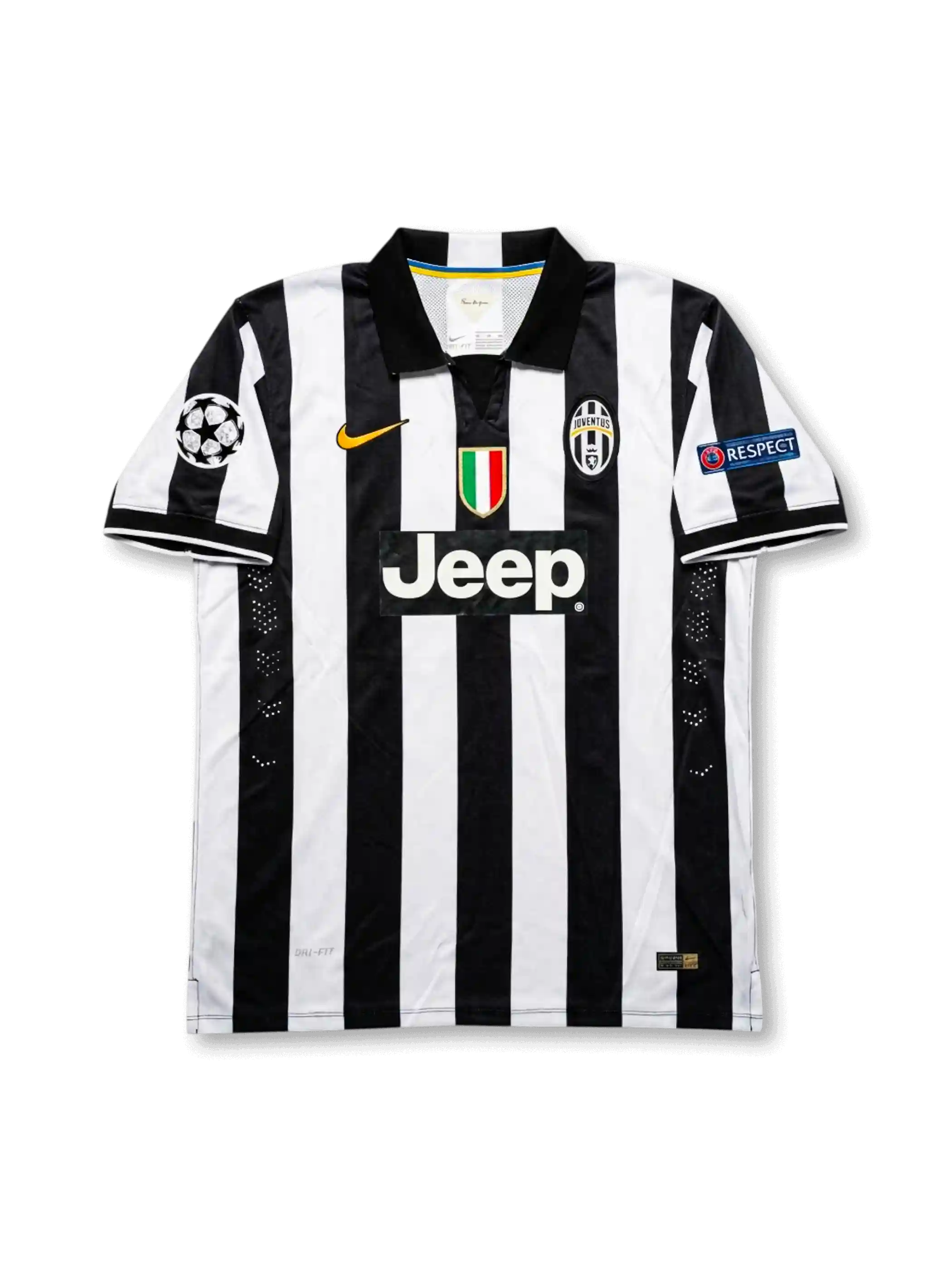 Juventus 2013-14 home jersey front view with Jeep sponsor, Scudetto patch, and UEFA Champions League badge