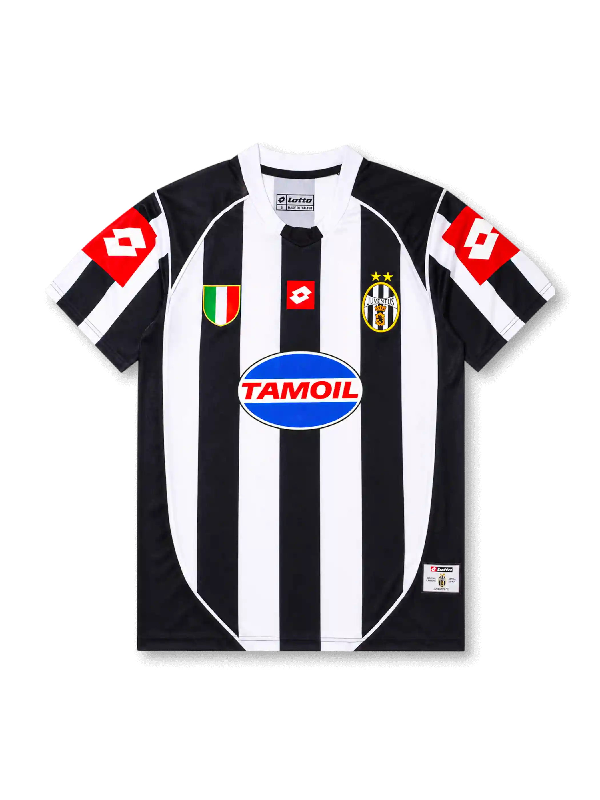 Front view of Juventus 2002-03 home jersey with black-and-white stripes, Tamoil sponsor, Scudetto shield, two-star crest, and red sleeve panels.