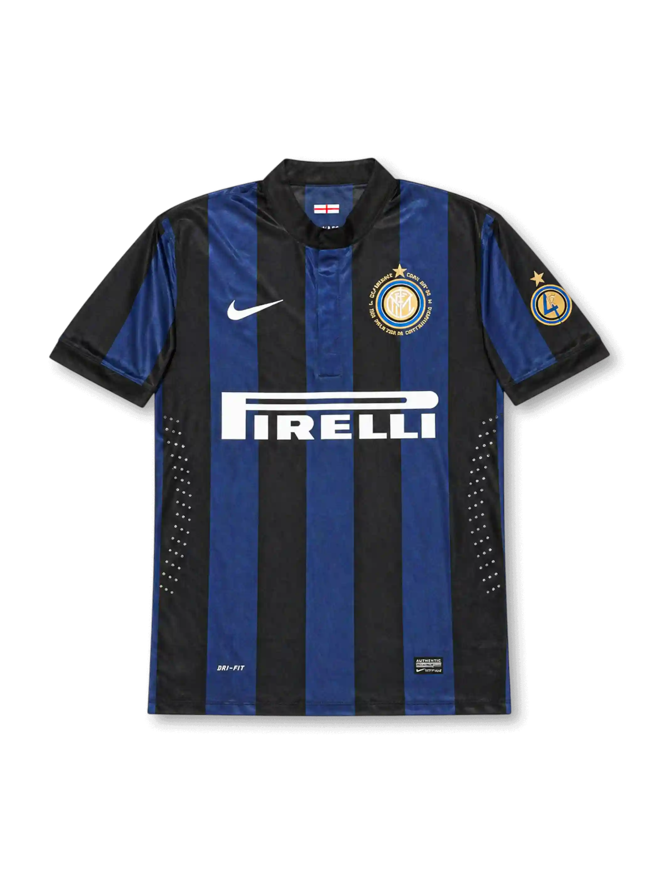 Front view of Inter Milan 2007-08 home jersey with black and blue stripes, Pirelli sponsor, centenary crest detail, white swoosh, and Serie A sleeve patch.