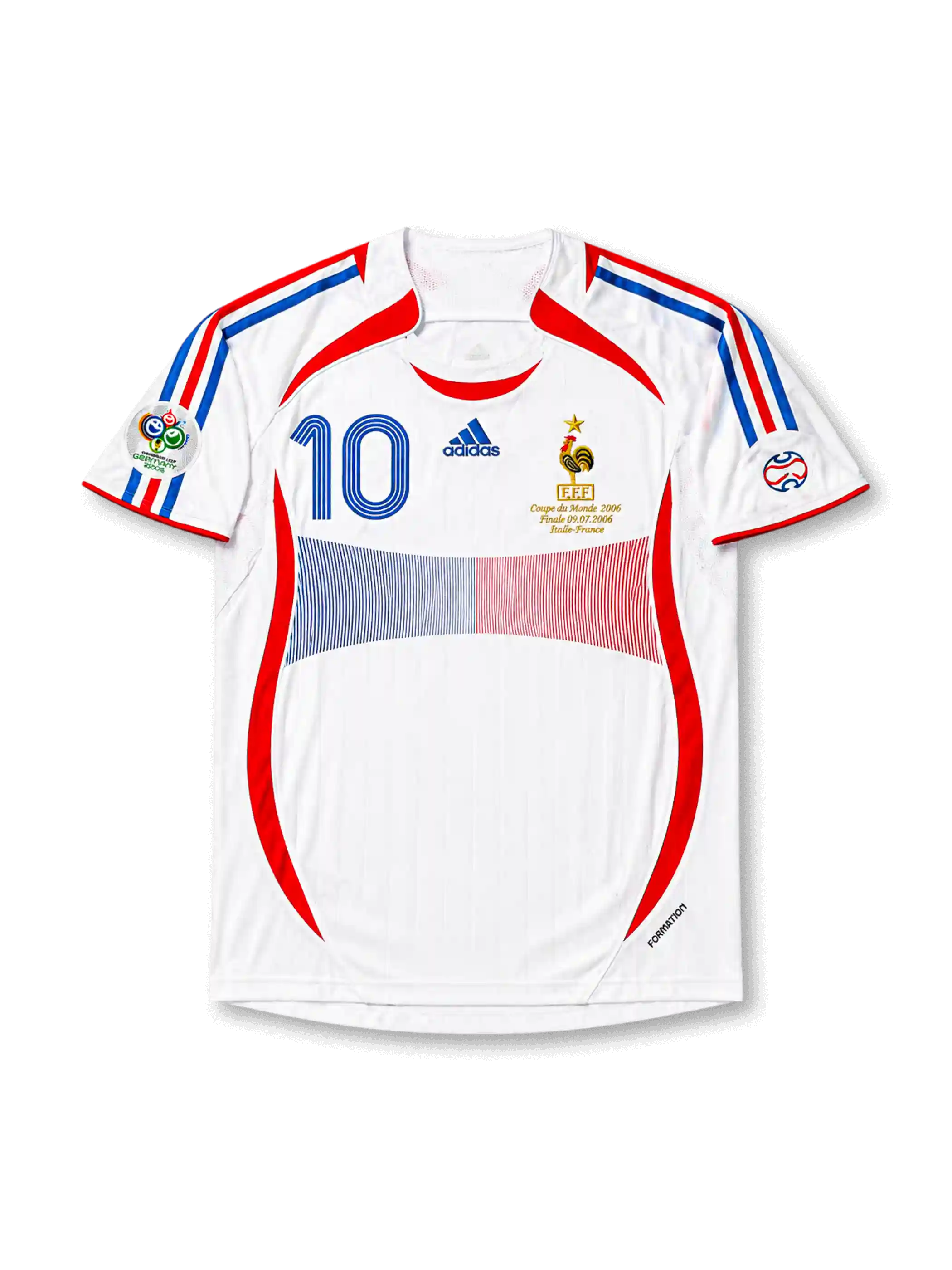 Front view of France 2006 World Cup Final away shirt with white base, red and blue panel design, France crest, central #10 print, final match embroidery, and Germany 2006 sleeve patch.