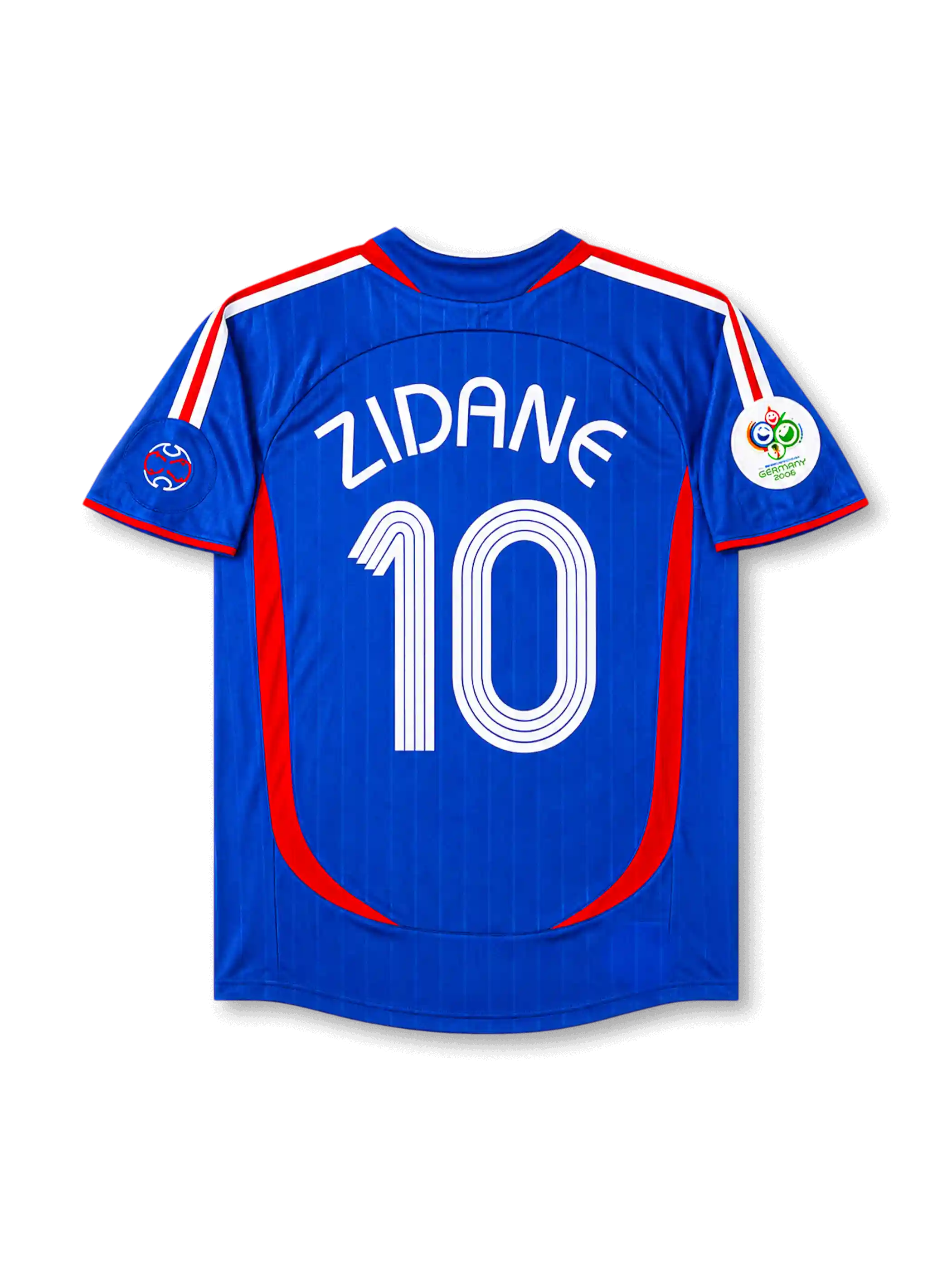 Back view of France 2006 World Cup home shirt with Zidane name and #10 printing, red curved side panels, royal blue base, and Germany 2006 sleeve patch.