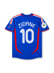 Back view of France 2006 World Cup home shirt with Zidane name and #10 printing, red curved side panels, royal blue base, and Germany 2006 sleeve patch.