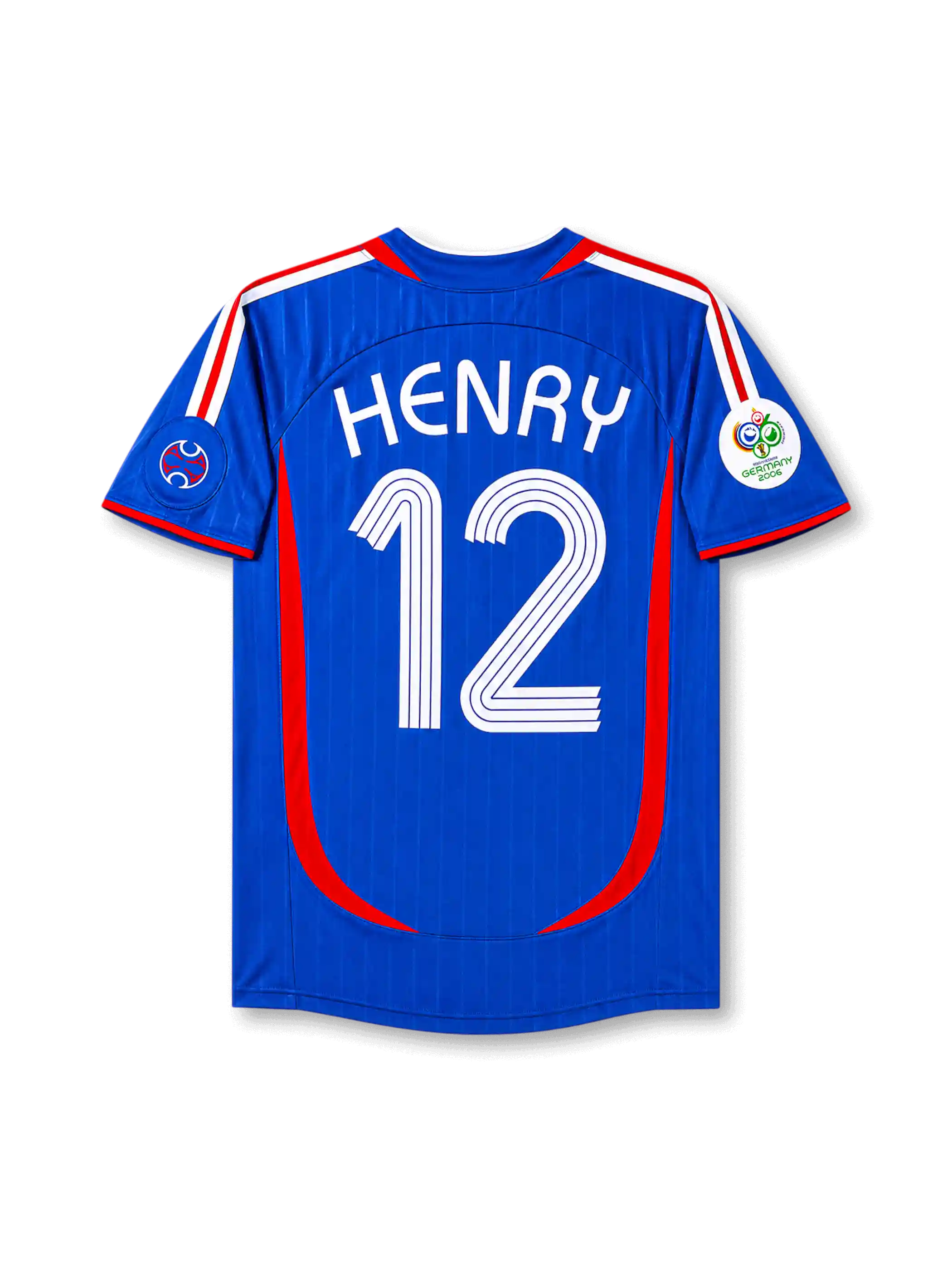 Back view of France 2006 World Cup home shirt with Henry name and #12 printing, red curved side panels, royal blue base, and Germany 2006 sleeve patch.