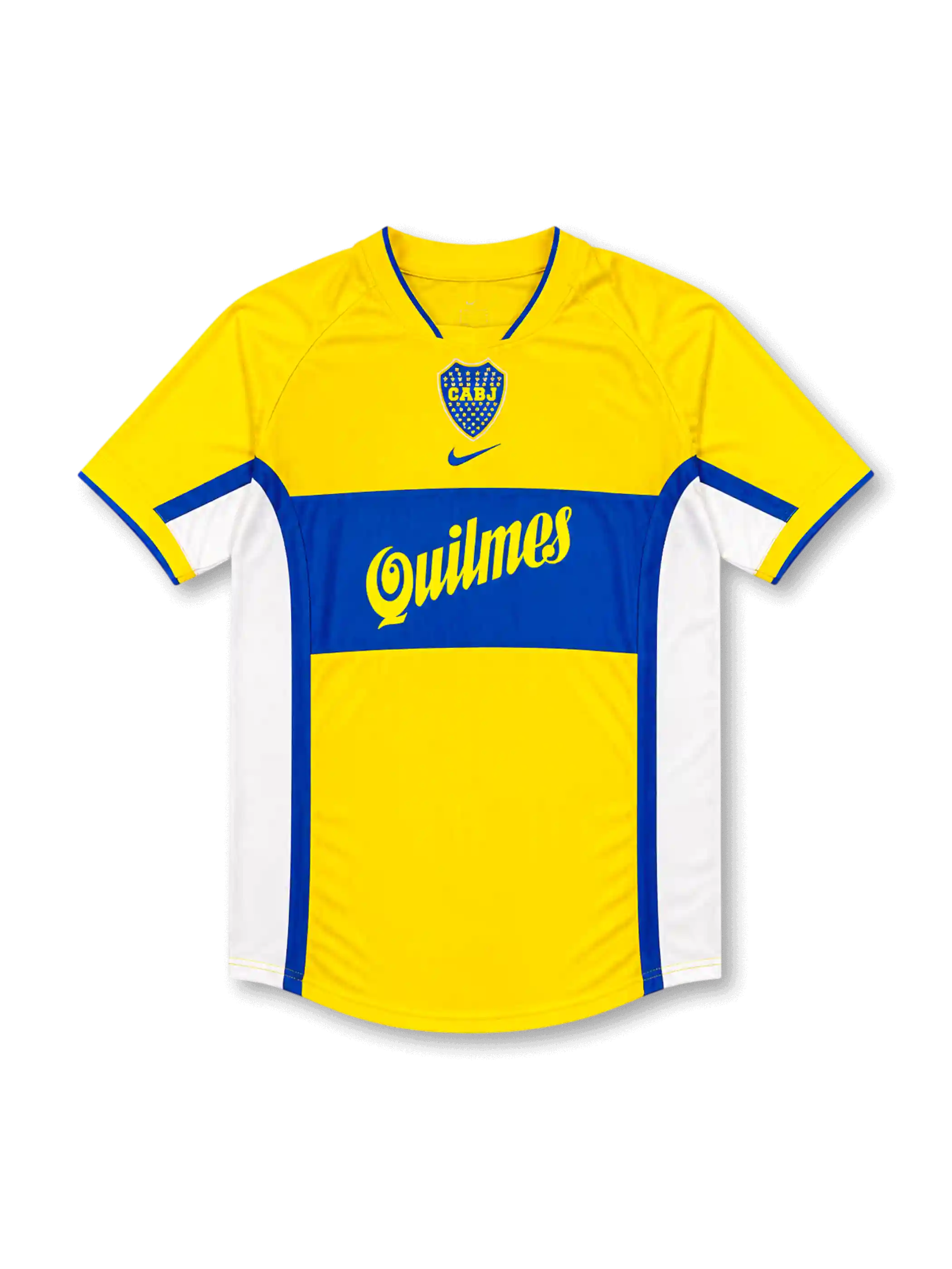 Front view of Boca Juniors 2000s away shirt with yellow base, blue chest band, CABJ crest, Quilmes sponsor, and white side panels.