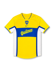 Front view of Boca Juniors 2000s away shirt with yellow base, blue chest band, CABJ crest, Quilmes sponsor, and white side panels.
