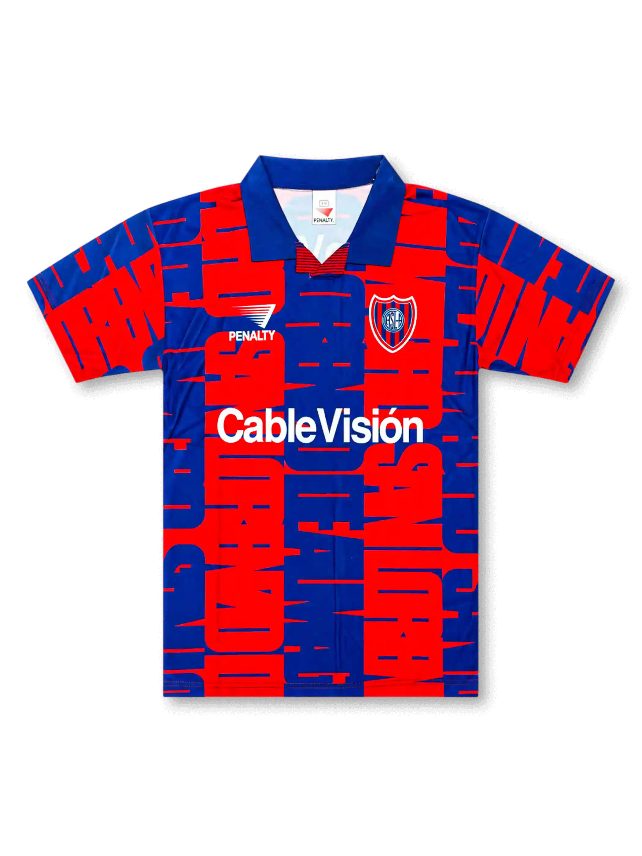 Front view of San Lorenzo 1990s graphic shirt with red and blue all-over pattern, club crest, Penalty logo, CableVisión sponsor, and blue fold collar.