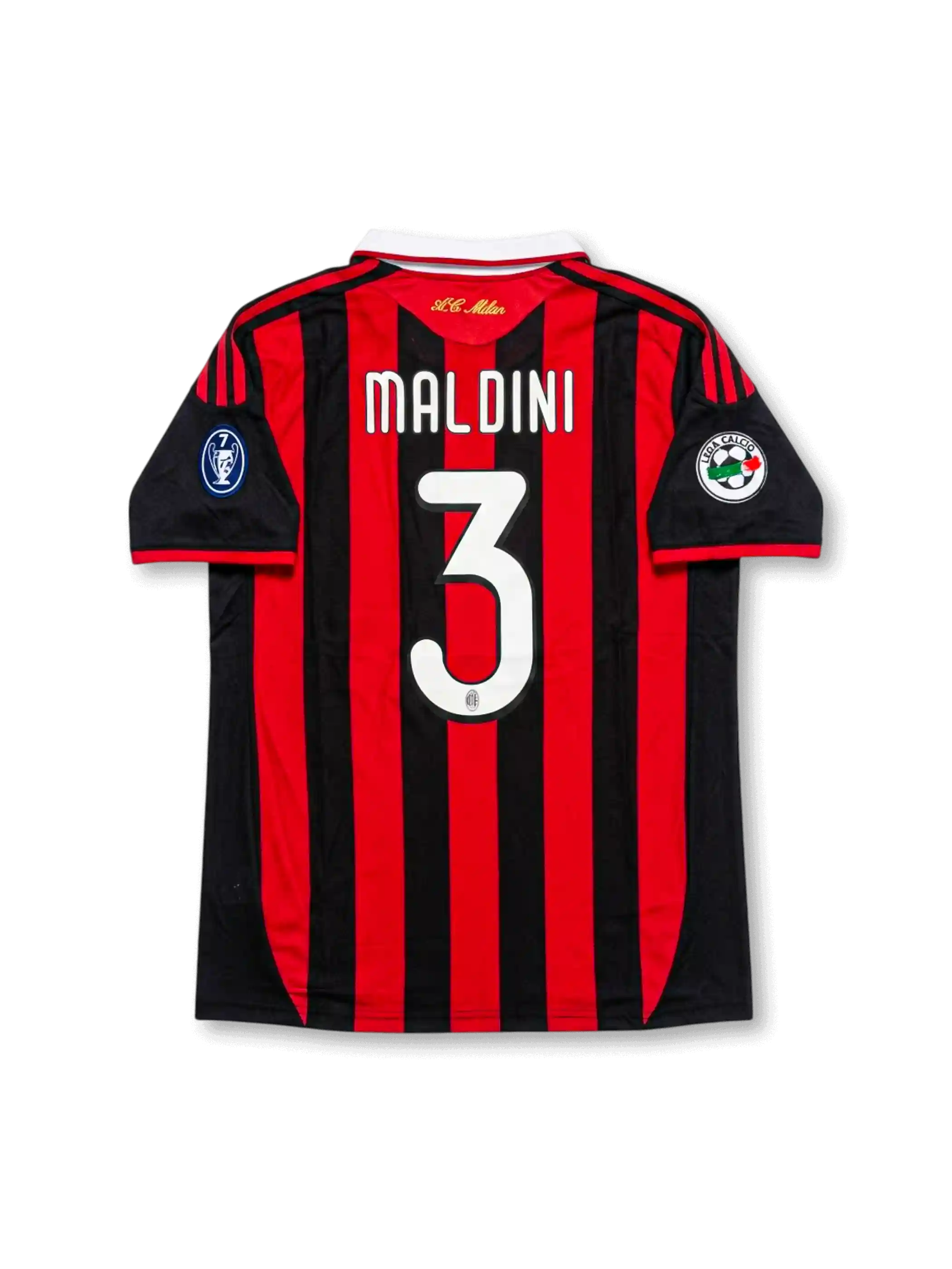 Back view of AC Milan Maldini #3 legacy edition shirt with Maldini name and #3 printing, red and black striped design, gold AC Milan neck detail, and sleeve patches.