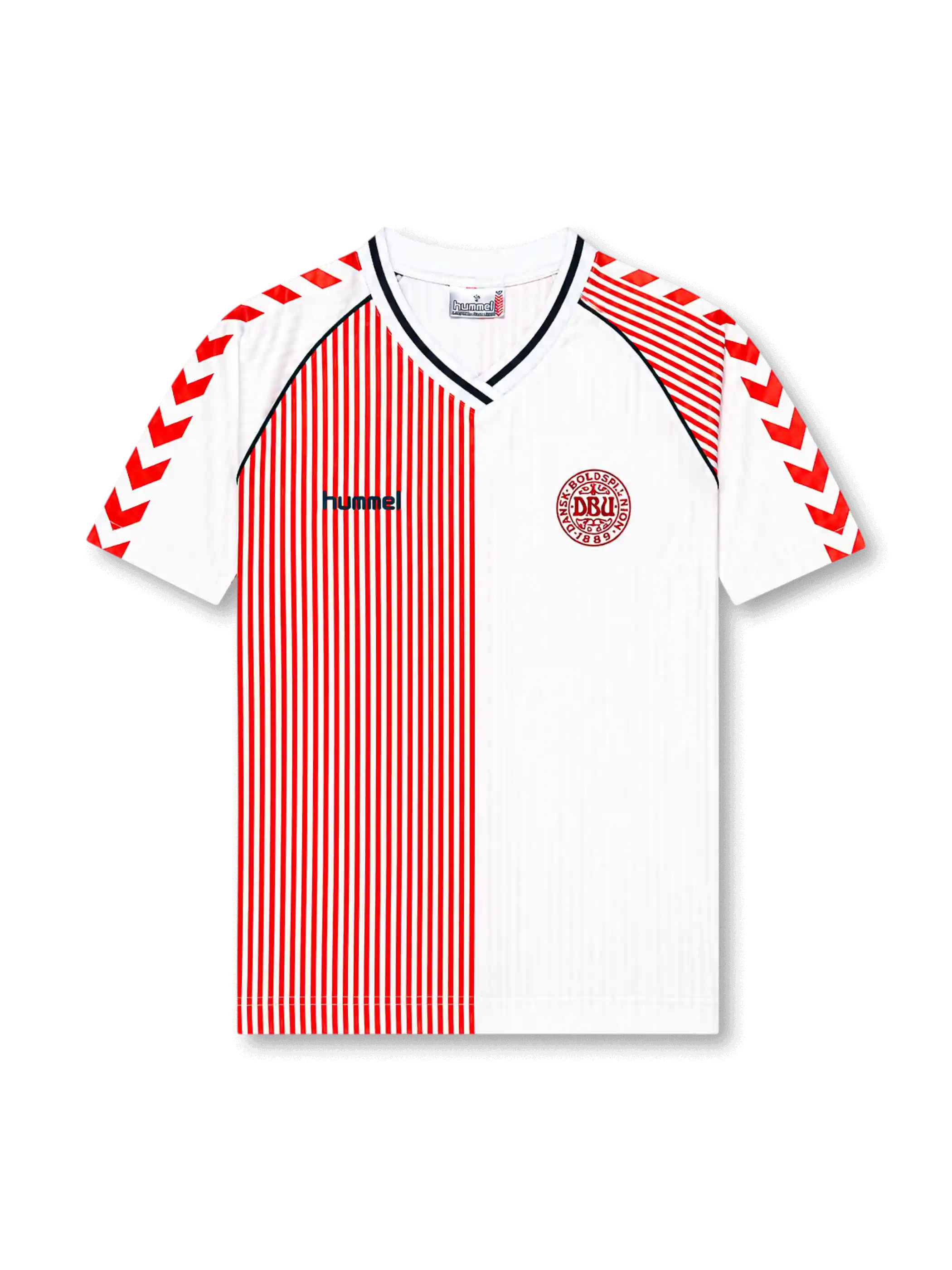 Front view of Denmark 1986 World Cup away shirt with white base, red pinstripe half-panel design, DBU crest, V-neck collar, and red chevron sleeve detailing.