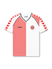 Front view of Denmark 1986 World Cup away shirt with white base, red pinstripe half-panel design, DBU crest, V-neck collar, and red chevron sleeve detailing.