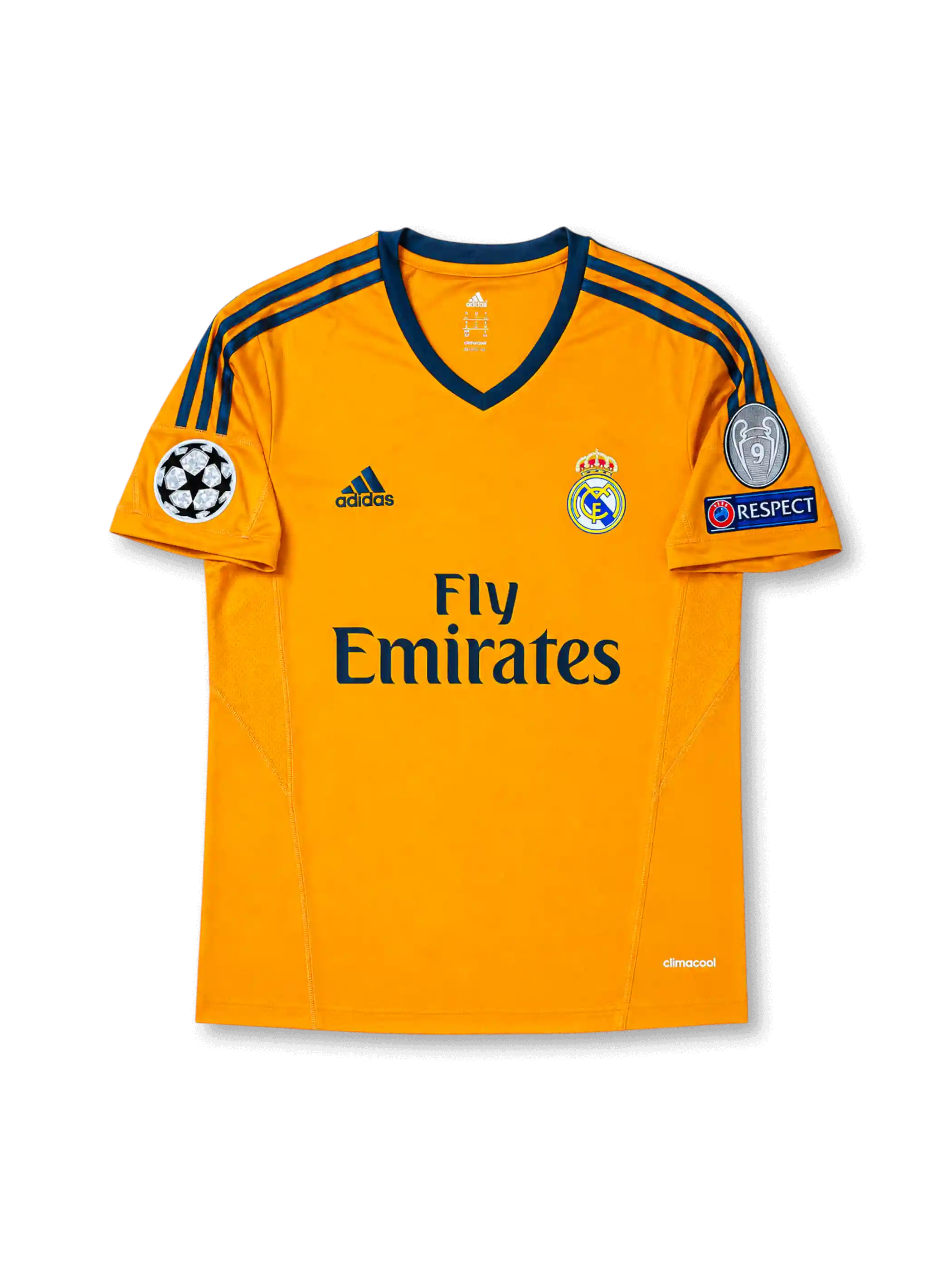 Front view of Real Madrid 2013-14 third shirt with orange base, Real Madrid crest, Fly Emirates sponsor, dark grey trim, and Champions League sleeve patch detailing.