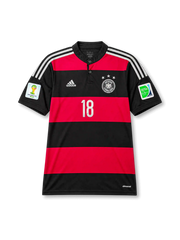 Front view of Germany 2014 World Cup away shirt with black and red hoop design, Germany crest, central #18 print, Brazil 2014 sleeve patch, and Football for Hope patch.