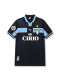 Front view of Lazio 2000-01 away shirt with dark navy-black base, sky blue chest band, Lazio crest, CIRIO sponsor, Scudetto badge, and Lega Calcio sleeve patch.