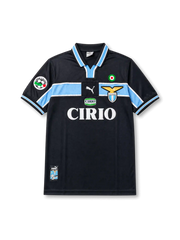 Front view of Lazio 2000-01 away shirt with dark navy-black base, sky blue chest band, Lazio crest, CIRIO sponsor, Scudetto badge, and Lega Calcio sleeve patch.