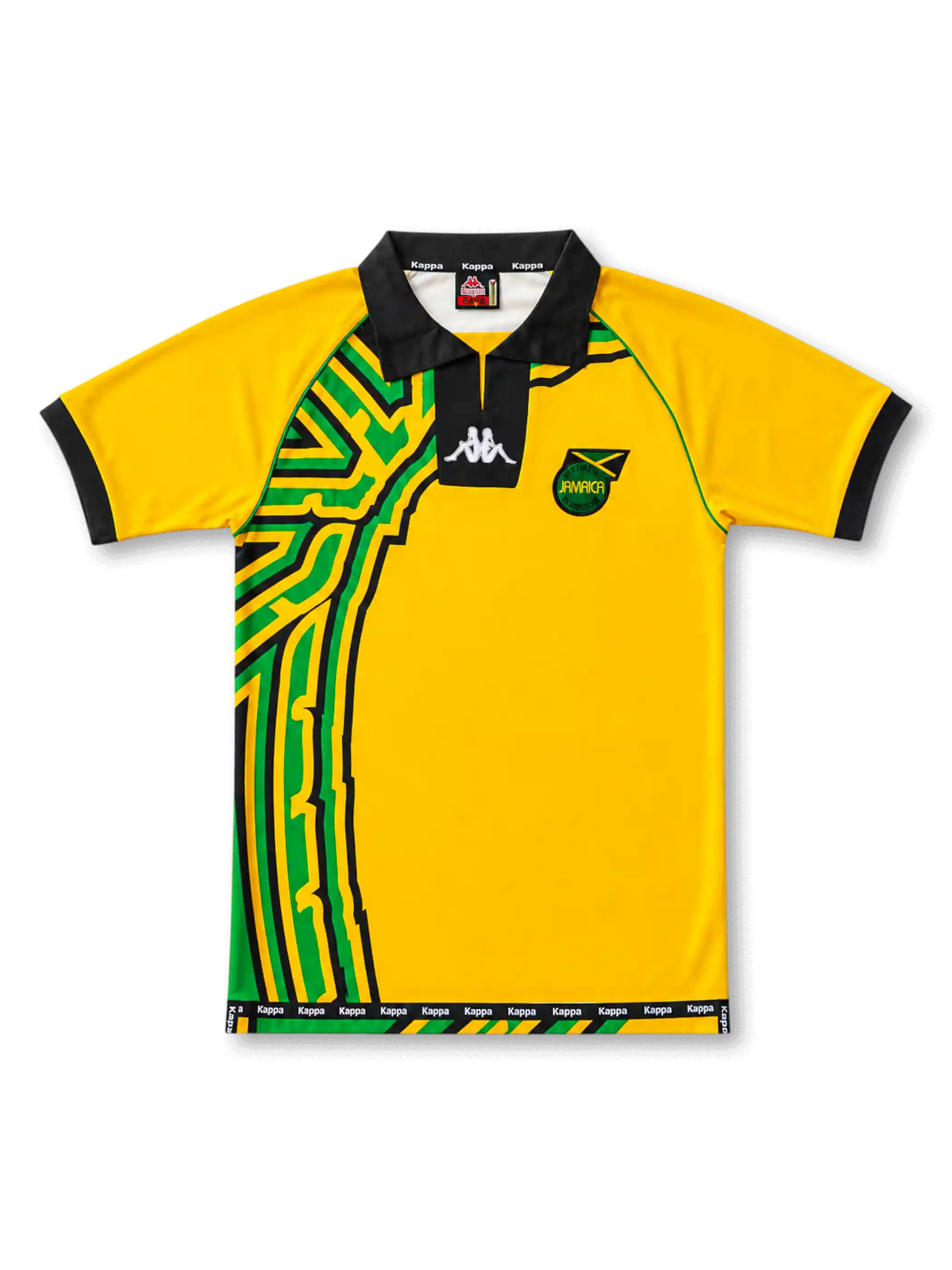 Front view of Jamaica 1998 World Cup home shirt with yellow base, black collar, Jamaica crest, green and black side graphic, and black sleeve cuffs.