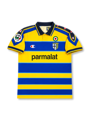 Front view of Parma 1999-00 home shirt with yellow and blue hoops, Parma crest, Parmalat sponsor, Scudetto badge, dark collar, and Lega Calcio sleeve patch.