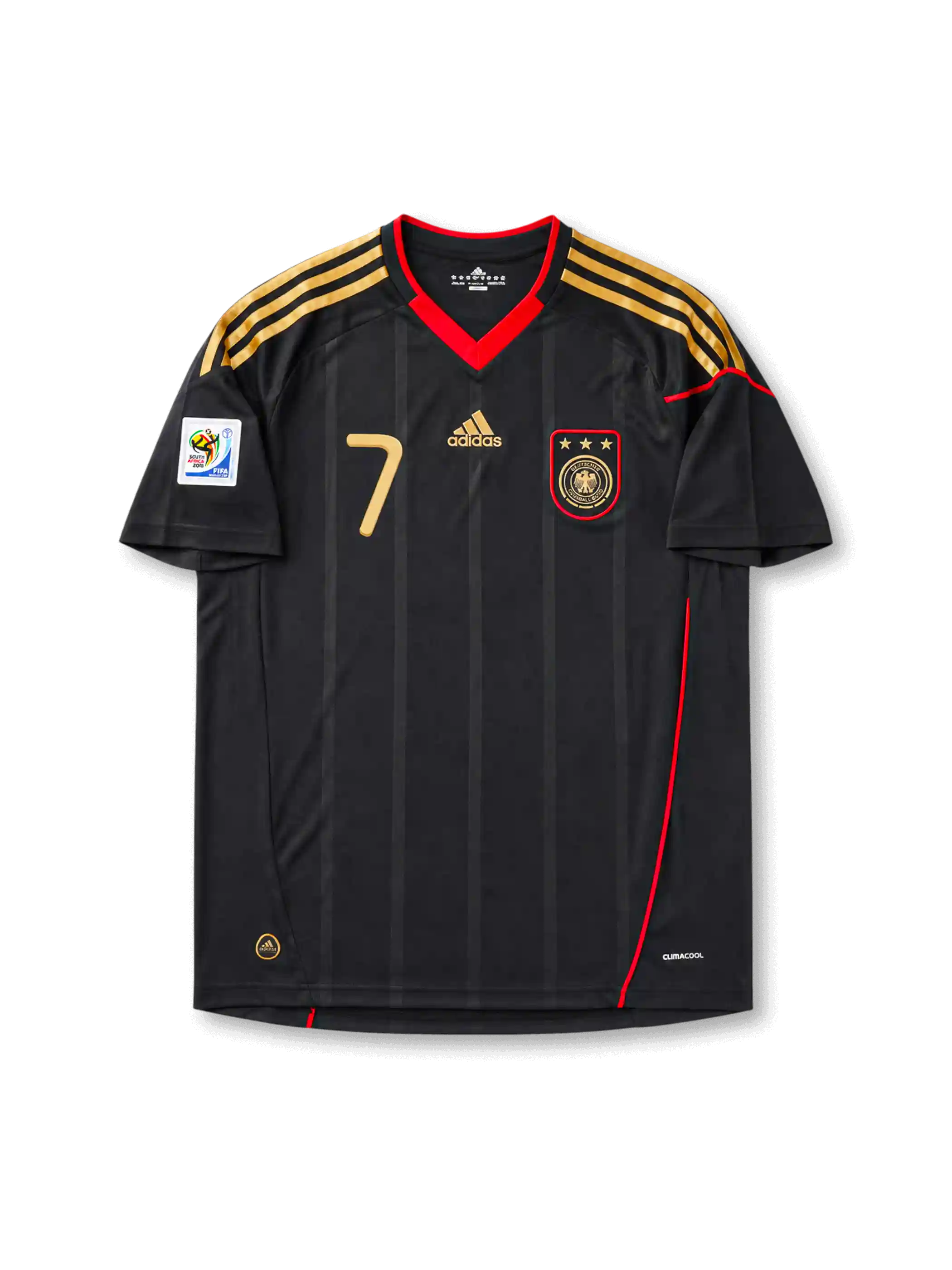 Front view of Germany 2010 World Cup away shirt with black base, gold shoulder stripes, red collar trim, Germany crest, front #7 print, and South Africa 2010 sleeve patch.