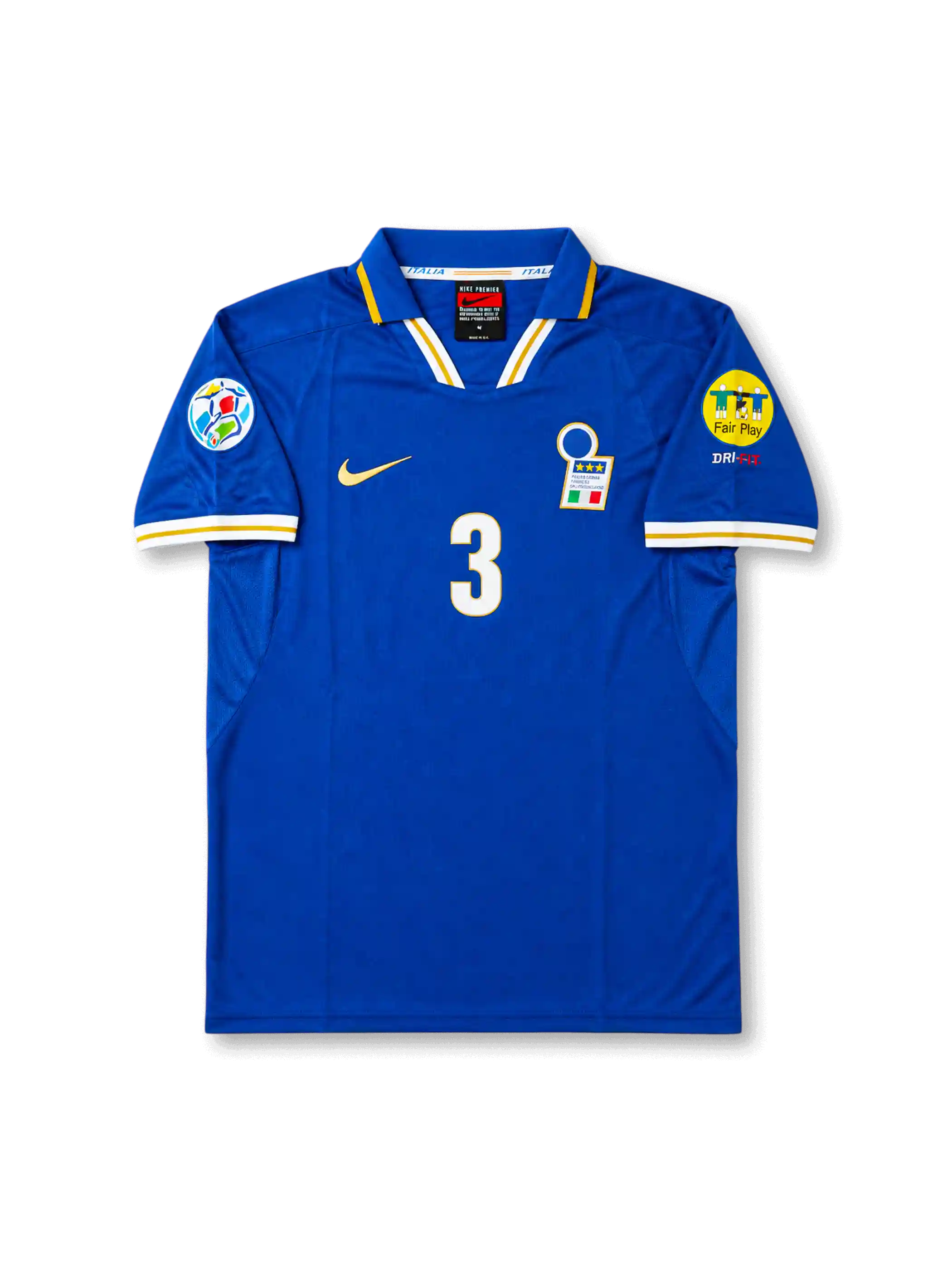 Front view of Italy 1996 home shirt with blue base, Italy crest, central #3 print, fold collar, yellow trim, and tournament sleeve patch detailing.
