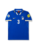 Front view of Italy 1996 home shirt with blue base, Italy crest, central #3 print, fold collar, yellow trim, and tournament sleeve patch detailing.