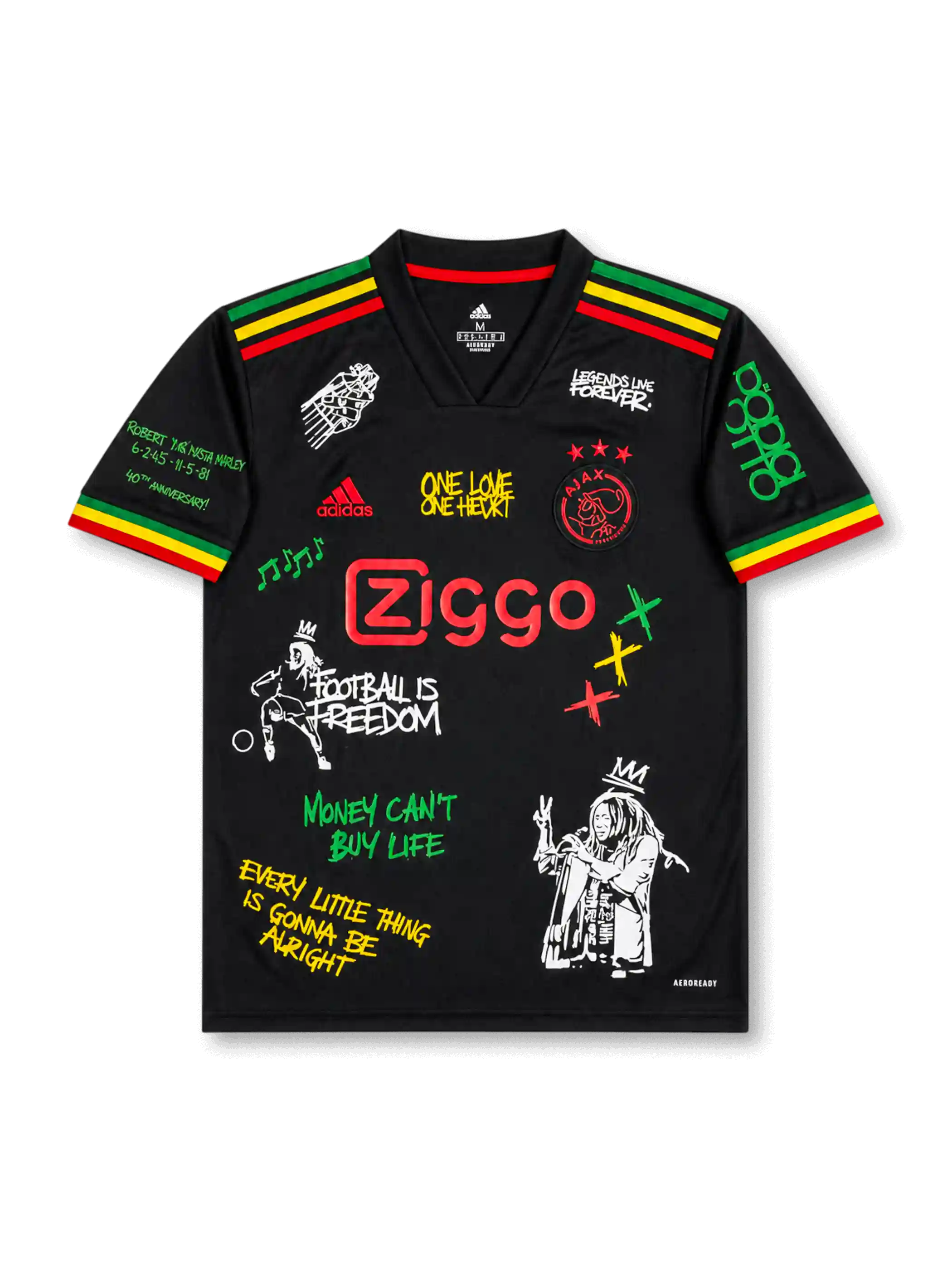 Front view of Ajax 2021-22 Bob Marley special edition shirt with black base, red yellow and green shoulder stripes, Ajax crest, Ziggo sponsor, and reggae-inspired graphic artwork.