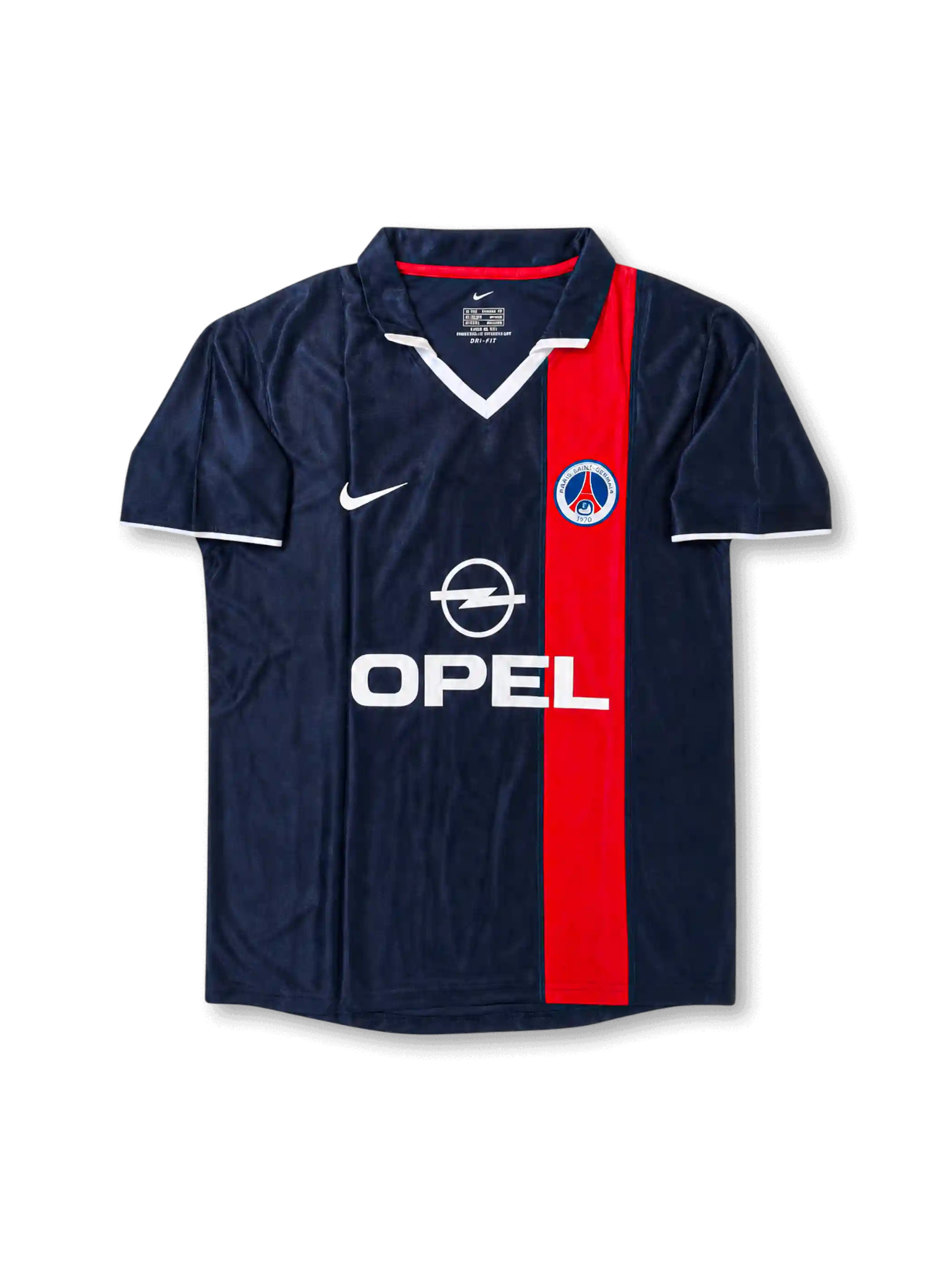 Front view of Paris Saint-Germain 2001-02 home shirt with navy base, red vertical center stripe, PSG crest, Opel sponsor, white collar detail, and short sleeves.