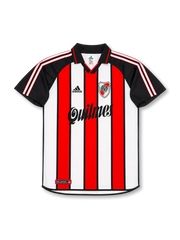 River Plate 2001 tricolor Ortega #10 jersey with red white black vertical stripes, Quilmes sponsor, black collar, and ORTEGA 10 back print