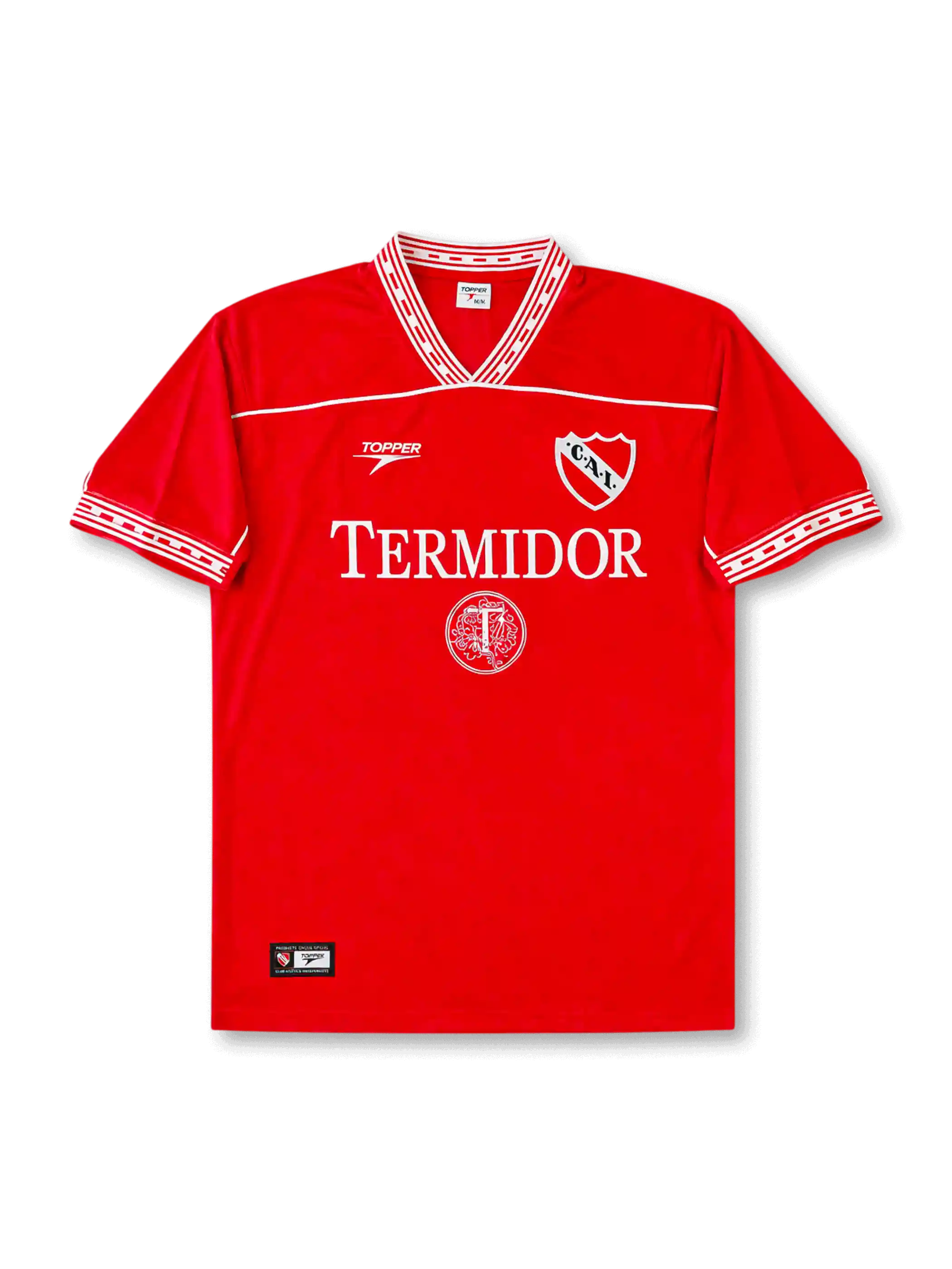 Independiente 1990s home #10 jersey with red body, white patterned collar, Termidor sponsor, club crest, Topper logo, and large white number 10 back print