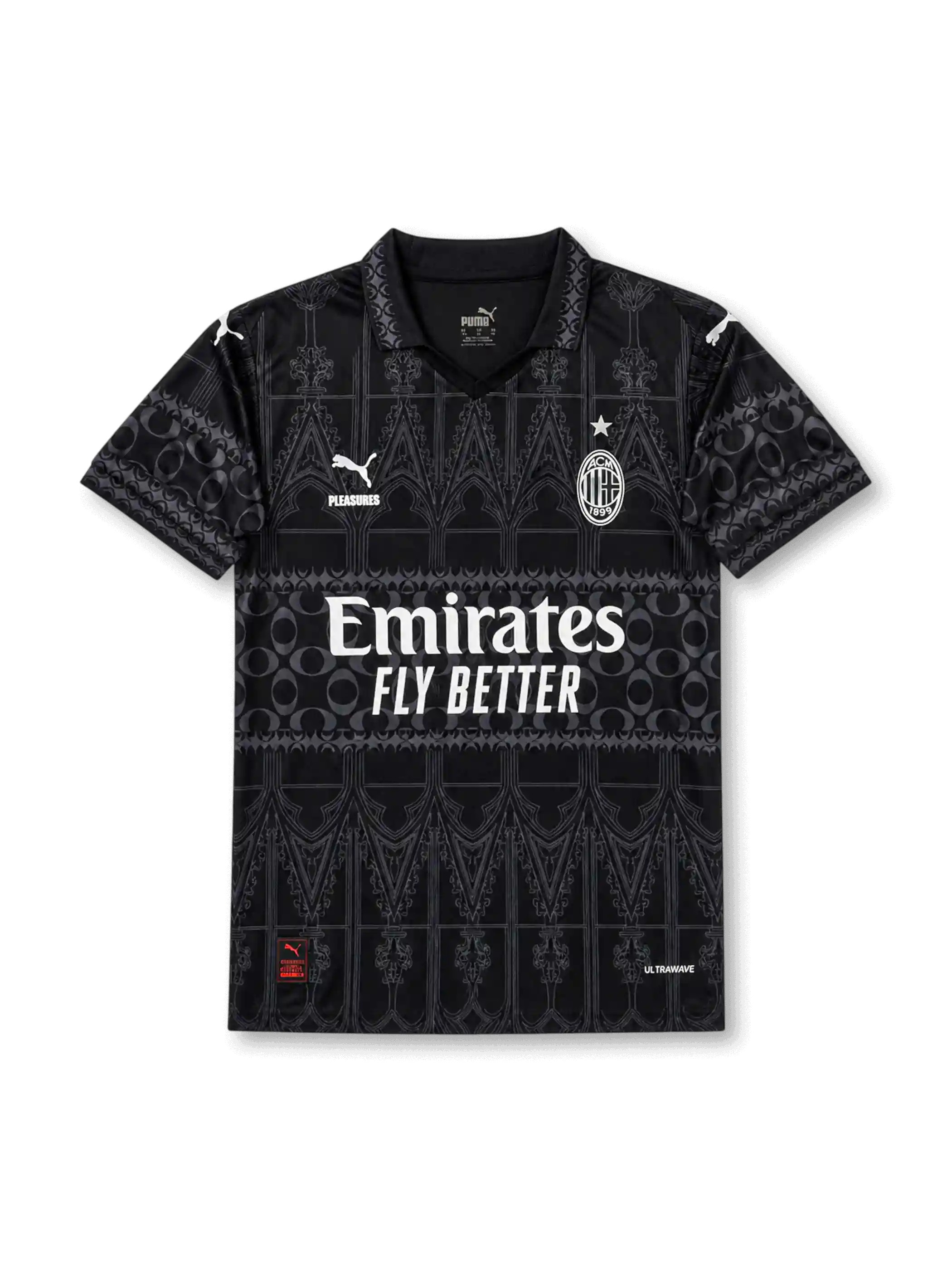 AC Milan special edition black jersey with tonal gothic graphics, polo collar, Puma logos, Emirates Fly Better sponsor, PLEASURES detail, and wefox back sponsor