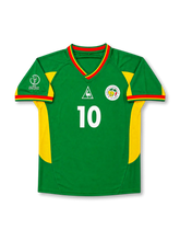 Senegal 2002 World Cup home jersey with green body, yellow side panels, red trim, Khalilou Fadiga #10 back print, and Korea/Japan tournament patch