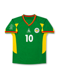 Senegal 2002 World Cup home jersey with green body, yellow side panels, red trim, Khalilou Fadiga #10 back print, and Korea/Japan tournament patch