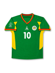 Senegal 2002 World Cup home jersey with green body, yellow side panels, red trim, Khalilou Fadiga #10 back print, and Korea/Japan tournament patch