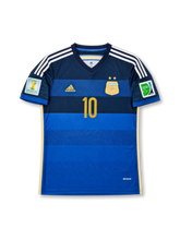front view of Argentina 2014 World Cup away shirt with blue striped design, gold number 10, national crest, and Brazil 2014 sleeve patches