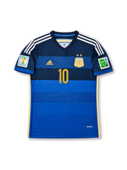 front view of Argentina 2014 World Cup away shirt with blue striped design, gold number 10, national crest, and Brazil 2014 sleeve patches