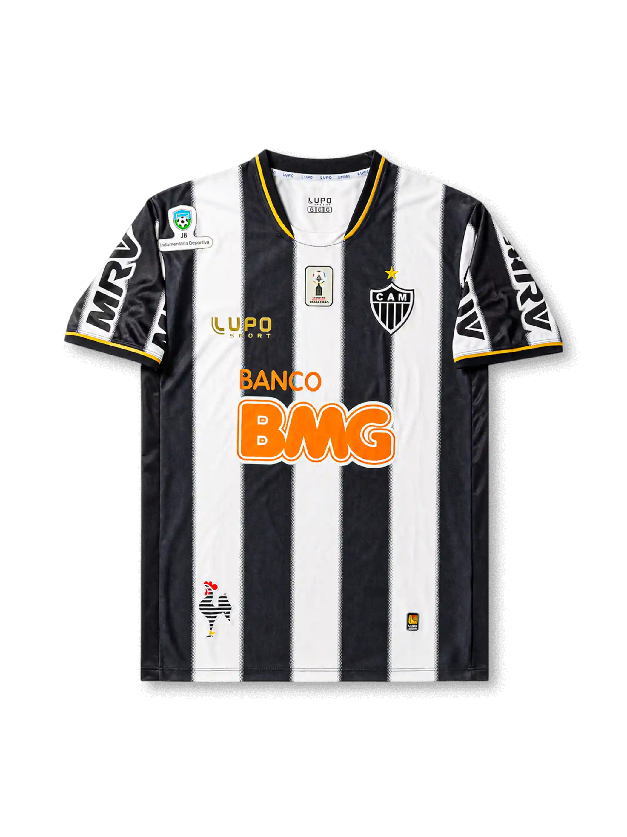 front view of Atletico Mineiro 2013 home shirt with black and white stripes, BMG sponsor, club crest, Lupo Sport branding, and Brazilian competition sleeve patch