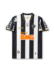 front view of Atletico Mineiro 2013 home shirt with black and white stripes, BMG sponsor, club crest, Lupo Sport branding, and Brazilian competition sleeve patch