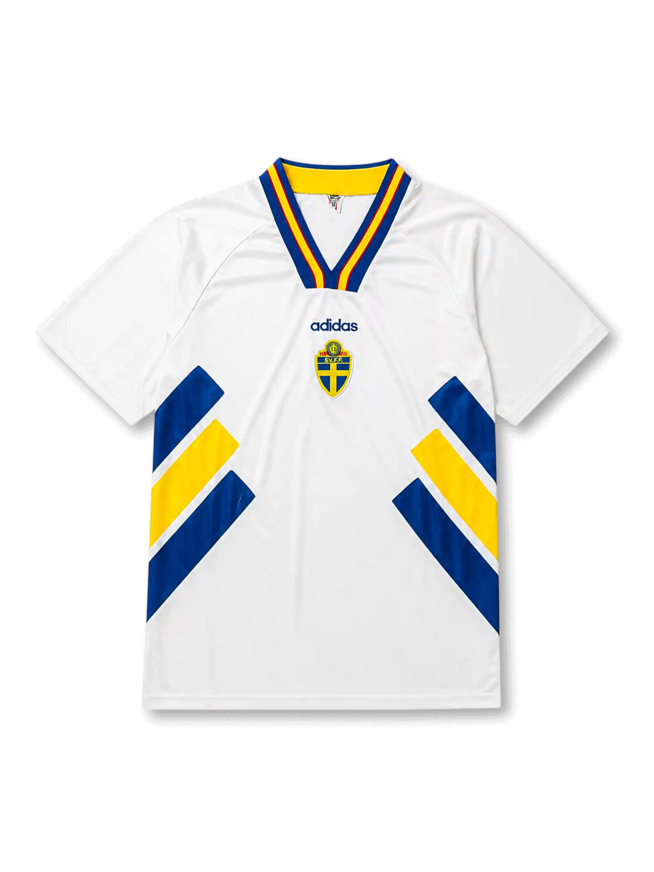 front view of Sweden 1994 World Cup away shirt with white base, blue and yellow diagonal side graphics, V-neck collar, and Sweden crest