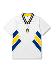 front view of Sweden 1994 World Cup away shirt with white base, blue and yellow diagonal side graphics, V-neck collar, and Sweden crest
