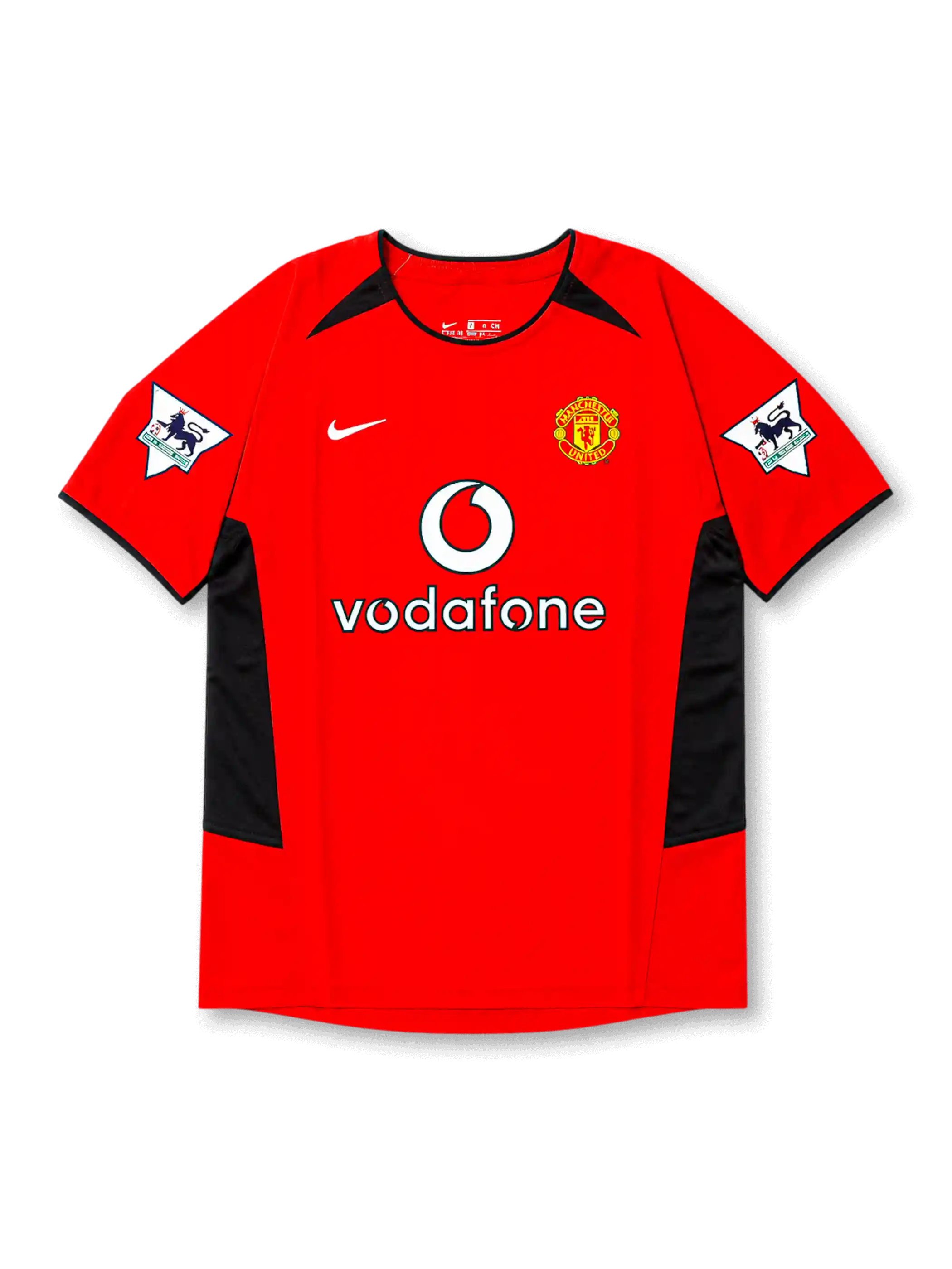front view of Manchester United 2002-04 home shirt with red base, black side panels, Vodafone sponsor, club crest, and Premier League sleeve patches