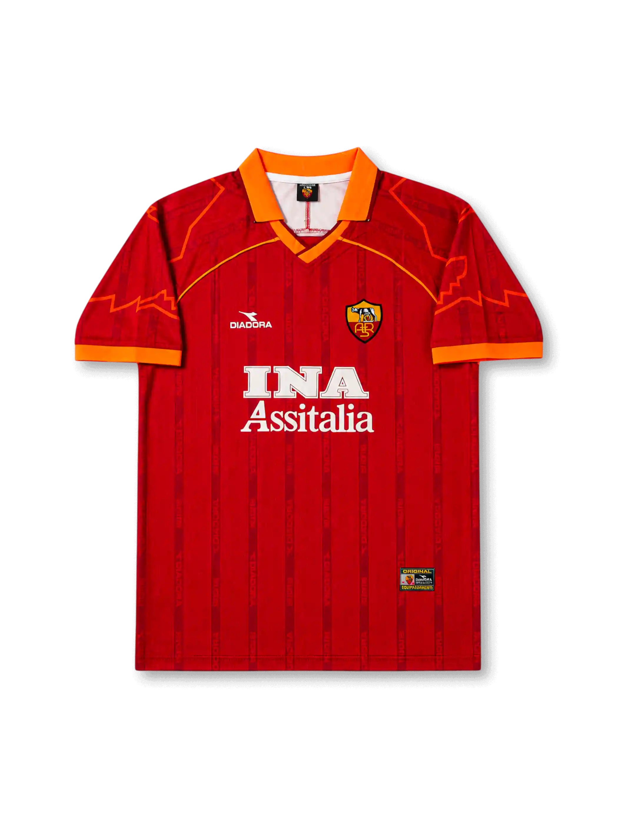 front view of Roma 1997-98 home shirt with deep red body, orange collar, INA Assitalia sponsor, Diadora branding, and Roma crest
